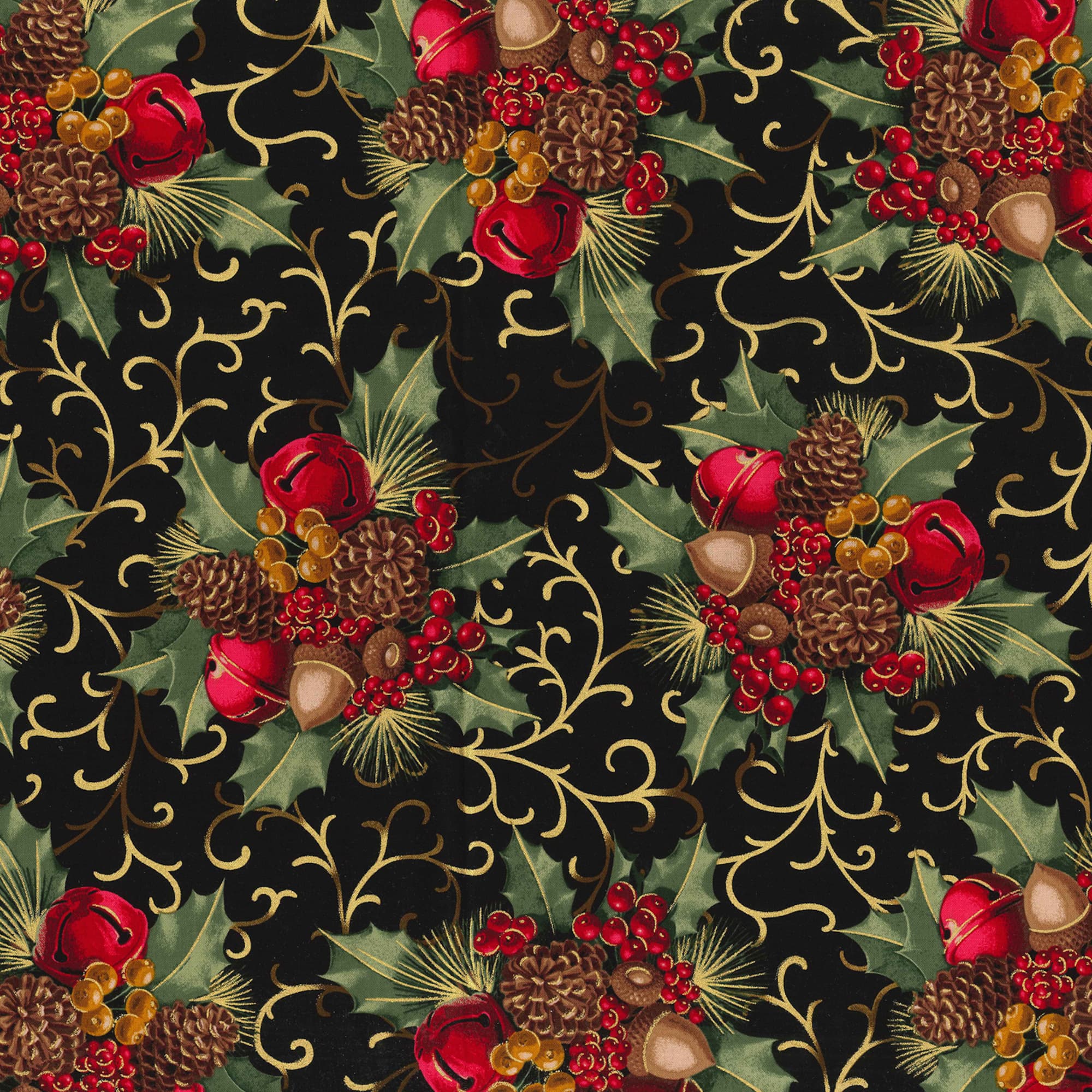Fabric Traditions Christmas Black Berries & Bells Glitter Cotton Fabric